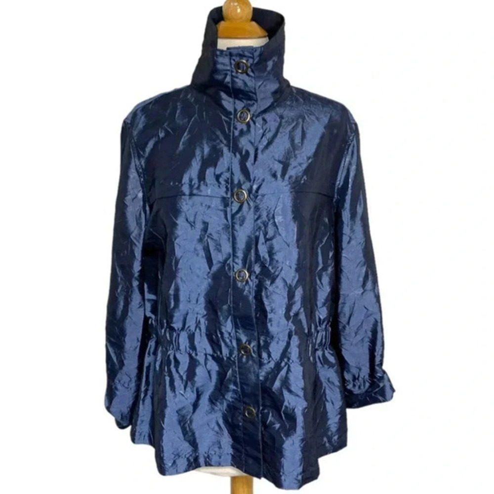 Lark Lane‎ Jacket 12 Navy Blue Crinkle Shimmer Button Front Cinched Waist Anorak